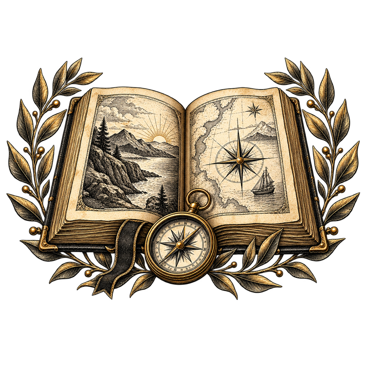 Engraved open book, map and compass framed by laurel leaves
