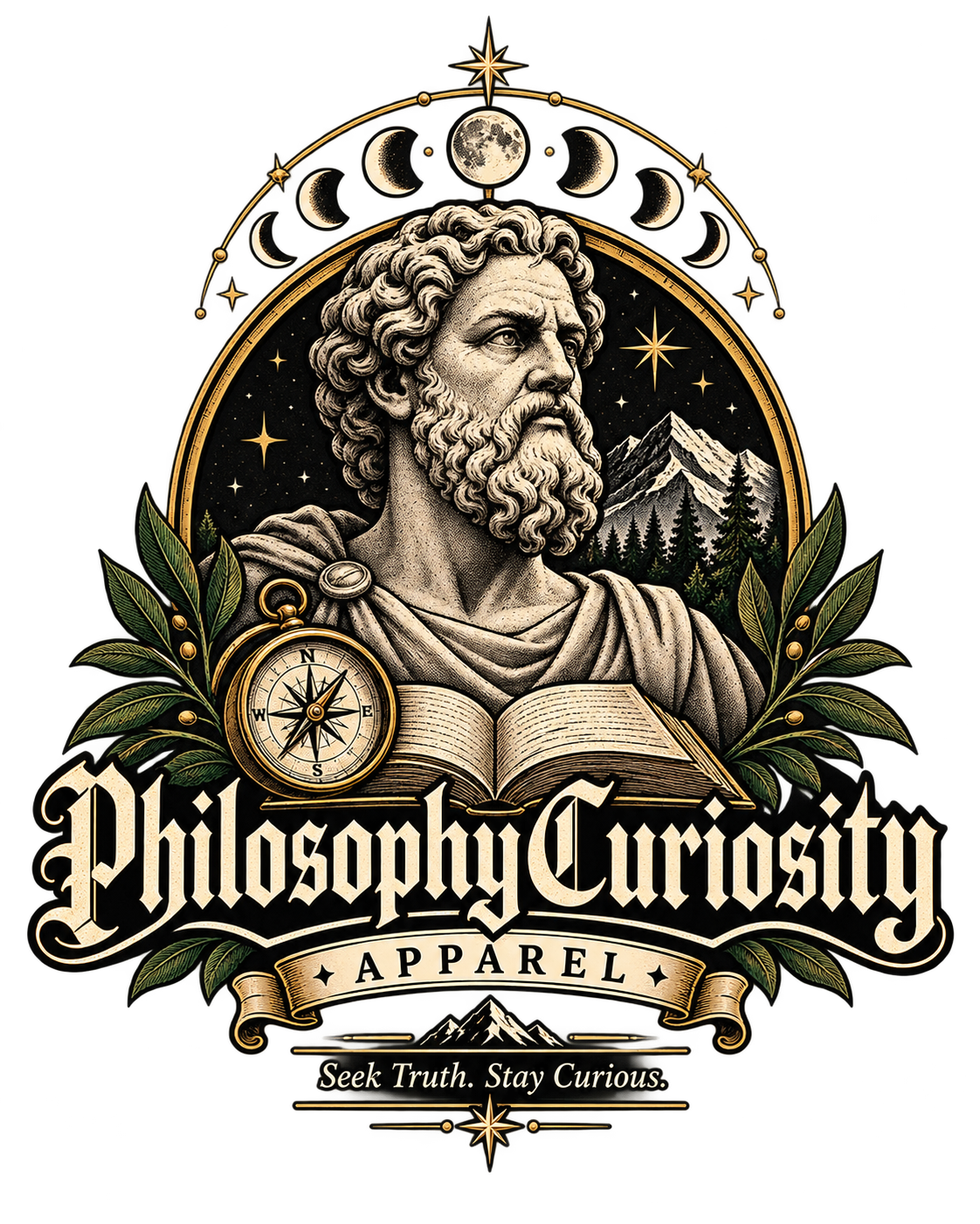 Philosophy Curiosity emblem with philosopher, book, compass and moon phases