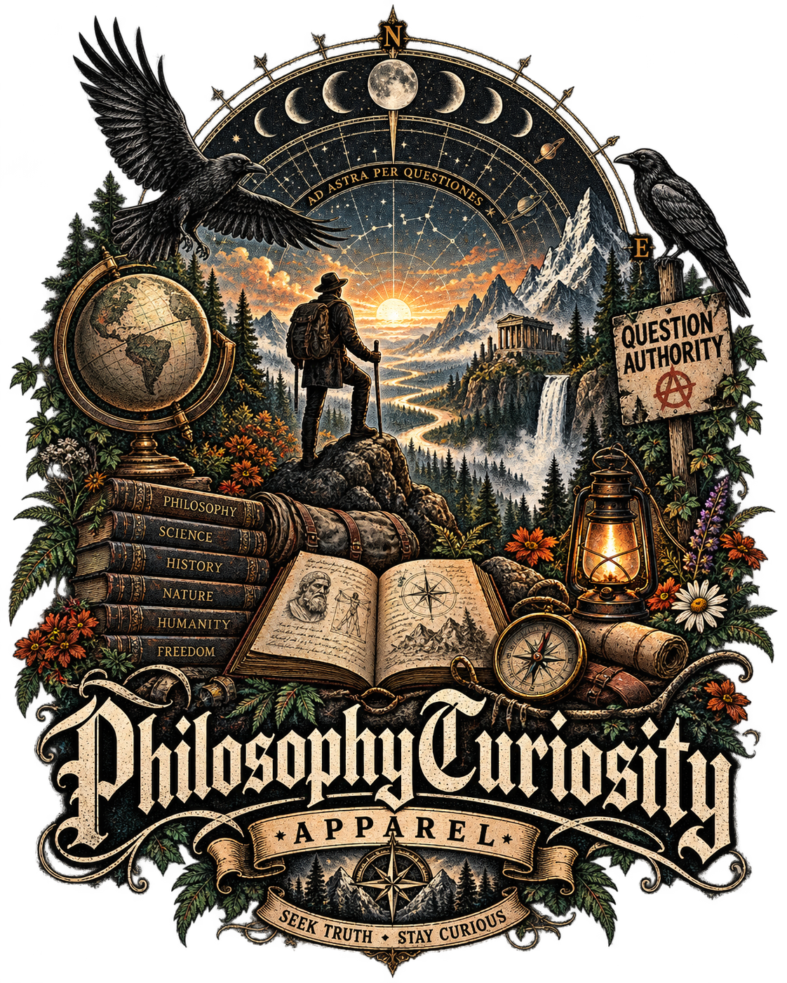 Philosophy Curiosity engraved explorer artwork with books, compass, mountains and stars
